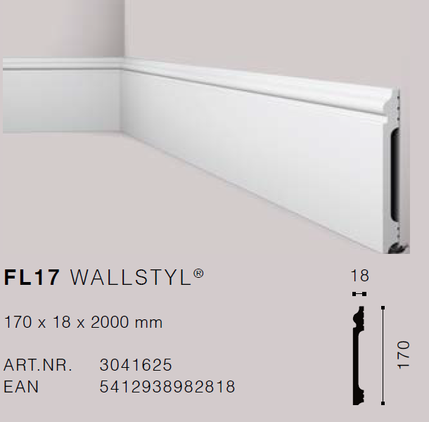 FL17 NMC Wallstyl 170 x 18 x 2000 mm Skirting