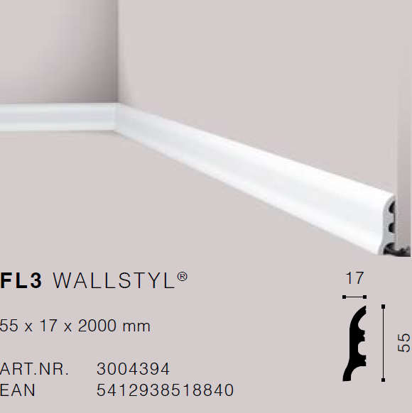 FL3 Wallstyl 55 x 17 HDPS Skirting - 2m length