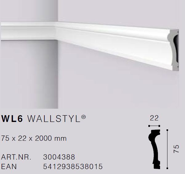 WL6 WALLSTYL Dado Rail (75mm x 22mm x 2m) Per 2m length