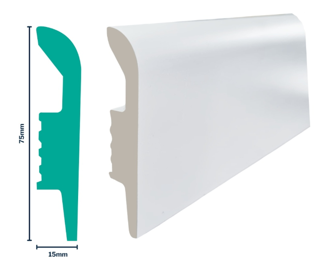 3021WN White HDPS Bullnose Skirting 75 x 15 x 2700 - per 2.7m length