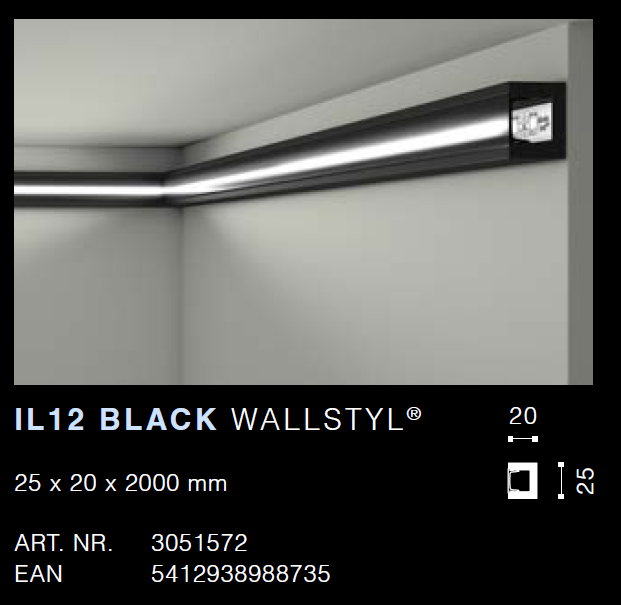 IL12 BLACK LED Lighting profile (25mm x 20mm x 2m) Per 2m length