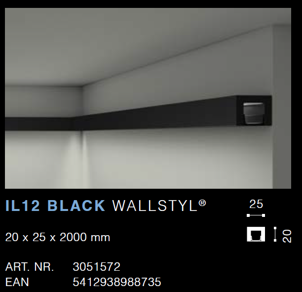 IL12 BLACK LED Lighting profile (25mm x 20mm x 2m) Per 2m length