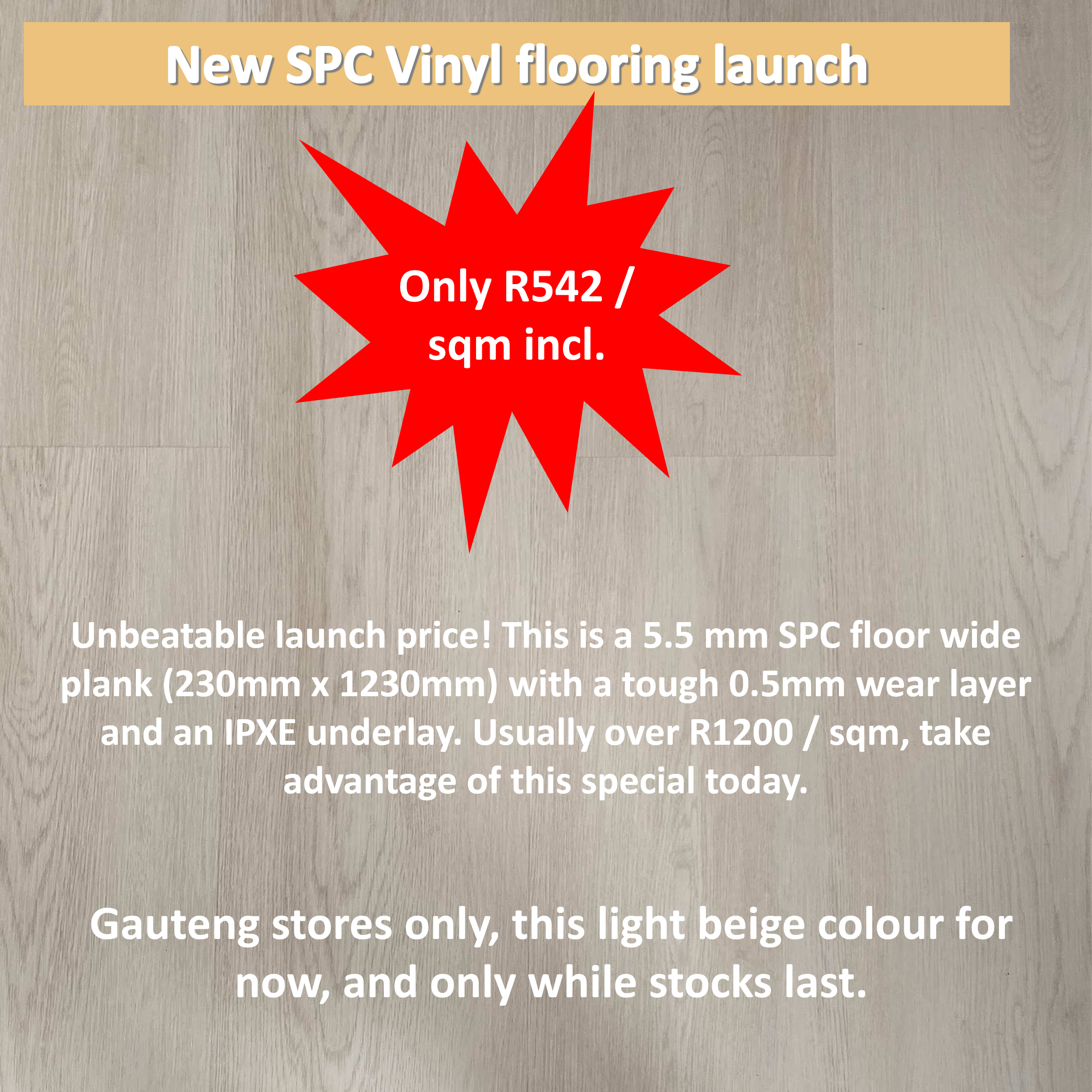 D3 SPC floors -230 x 1230 x 5.5mm (0.5mm wear layer) with 1.5mm IPXE backing - per box