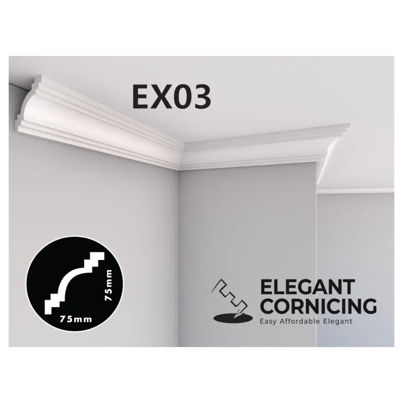 EX03 Extruded cornice 75 mm x 75mm x 2m - (4pack/8m) per pack